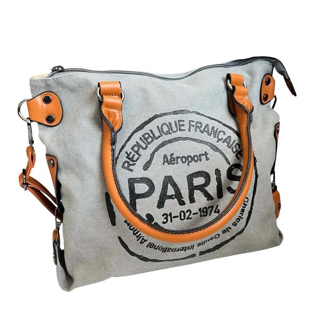 Paris Graphic Canvas Crossbody Tote Bag Gray Cognac Travel Messenger Purse